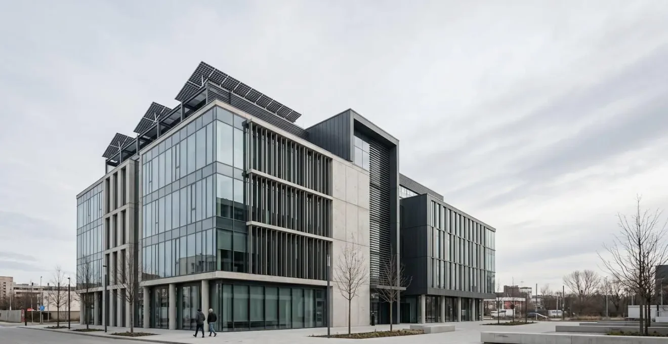 Façade moderne de bâtiment tertiaire avec système de gestion énergétique et éléments d'efficacité
