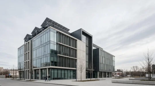 Façade moderne de bâtiment tertiaire avec système de gestion énergétique et éléments d'efficacité