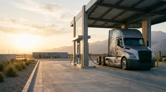 Camion de transport routier moderne ravitaillé en hydrogène dans une station avec infrastructure verte