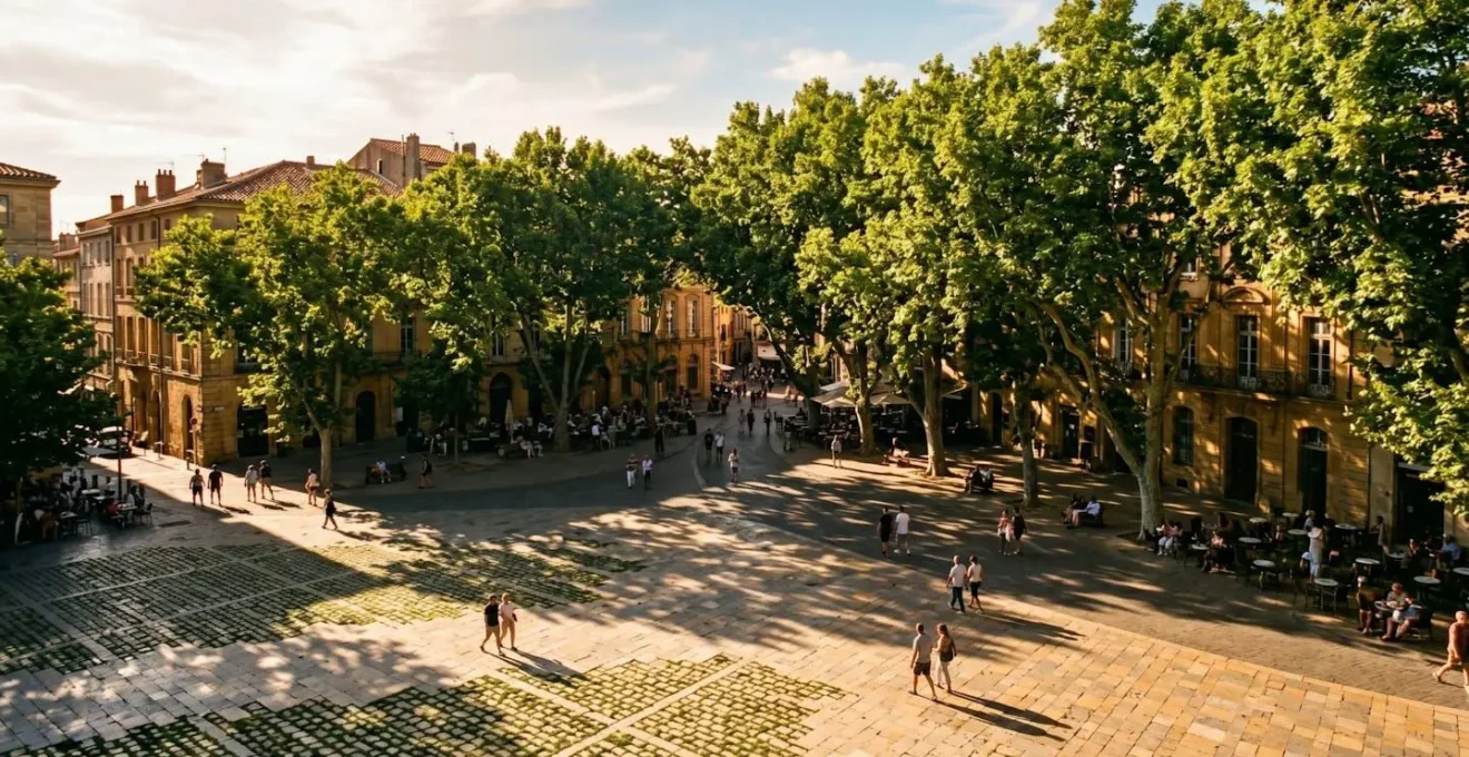 Place urbaine ombragée par une canopée végétale dense créant un refuge de fraîcheur naturelle