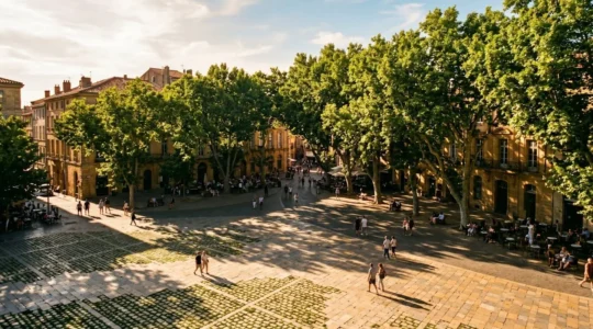 Place urbaine ombragée par une canopée végétale dense créant un refuge de fraîcheur naturelle