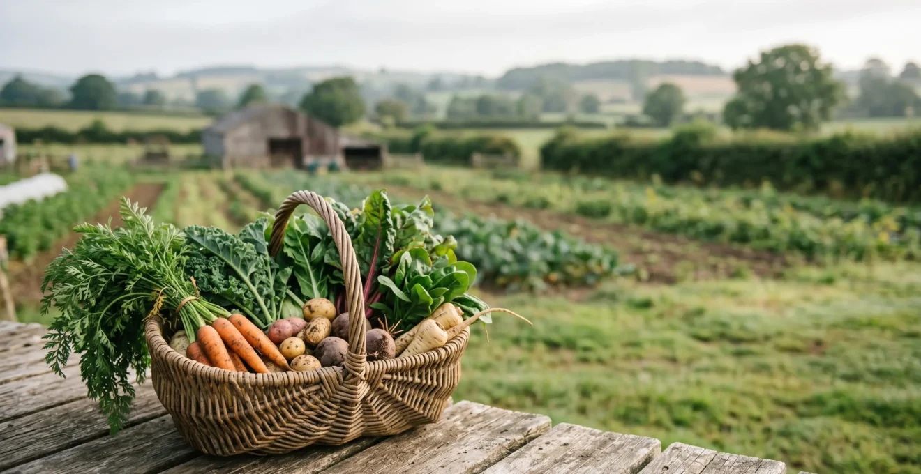Un panier rempli de légumes frais de saison posé dans un environnement agricole naturel