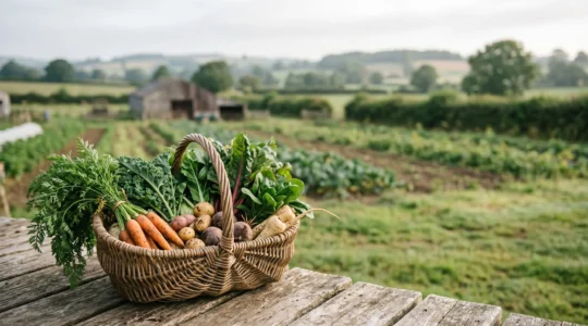 Un panier rempli de légumes frais de saison posé dans un environnement agricole naturel