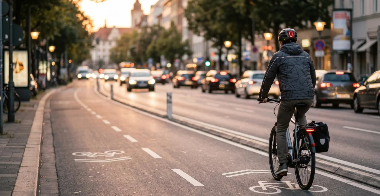 Cycliste en tenue urbaine roulant en sécurité sur piste cyclable protégée en ville au crépuscule