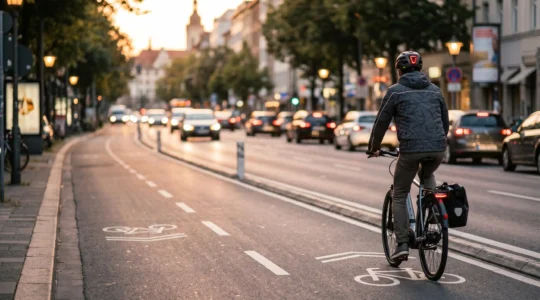 Cycliste en tenue urbaine roulant en sécurité sur piste cyclable protégée en ville au crépuscule