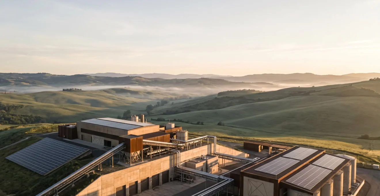 Vue industrielle moderne illustrant les flux circulaires de matériaux et d'énergie dans une économie durable
