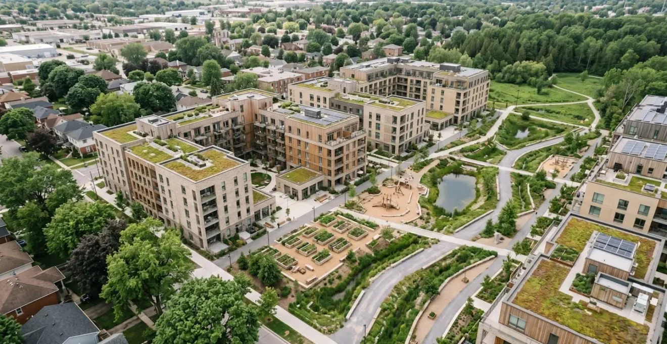 Aménagement urbain dense et responsable intégrant végétalisation et architecture moderne