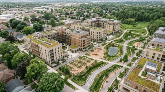 Aménagement urbain dense et responsable intégrant végétalisation et architecture moderne