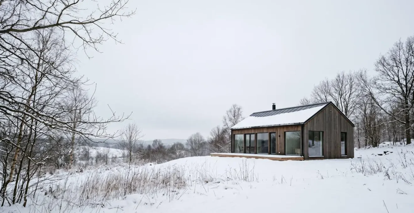 Vue architecturale d'une maison contemporaine à haute efficacité énergétique dans un paysage hivernal, démontrant le confort thermique passif