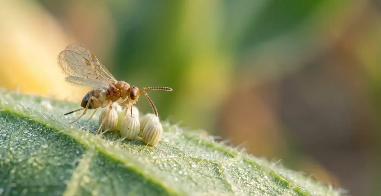 Trichogrammes parasitant des œufs de ravageurs sur une feuille de culture en gros plan