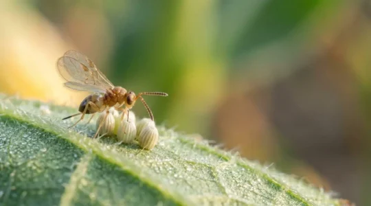 Trichogrammes parasitant des œufs de ravageurs sur une feuille de culture en gros plan