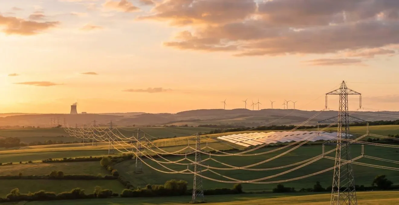 Infrastructure du réseau électrique français avec centrales de production d'énergie renouvelable et nucléaire