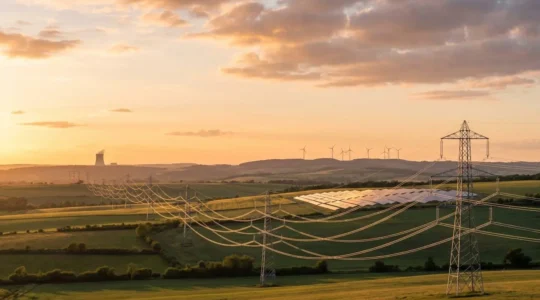 Infrastructure du réseau électrique français avec centrales de production d'énergie renouvelable et nucléaire