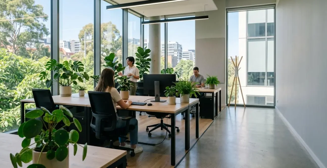 Espace de travail de PME moderne avec équipements économes en énergie et végétation