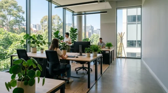 Espace de travail de PME moderne avec équipements économes en énergie et végétation