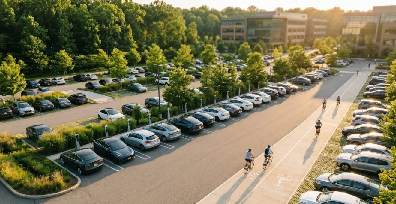 Vue en plongée d'un parking d'entreprise moderne avec véhicules électriques et vélos, illustrant une stratégie de mobilité durable