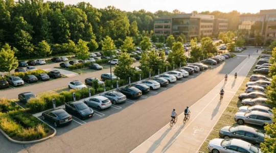 Vue en plongée d'un parking d'entreprise moderne avec véhicules électriques et vélos, illustrant une stratégie de mobilité durable