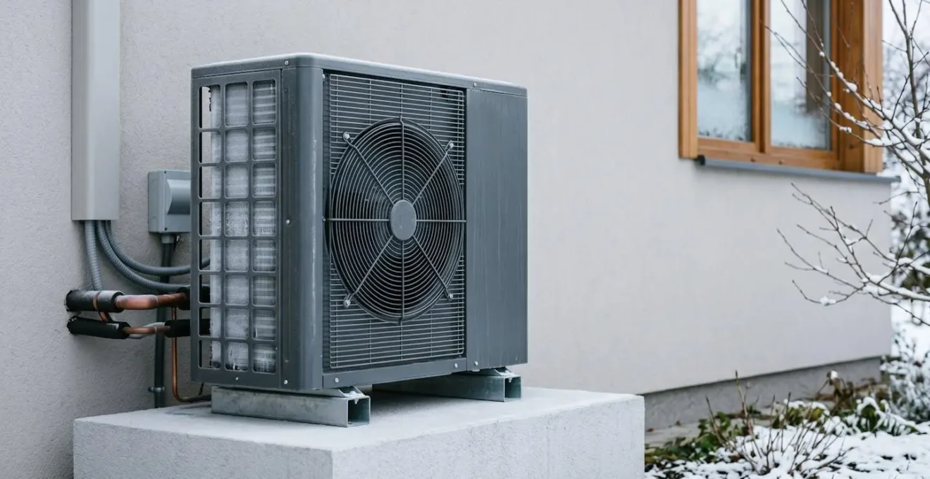Unité extérieure de pompe à chaleur air-eau en fonctionnement par temps hivernal