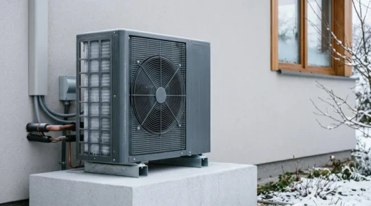 Unité extérieure de pompe à chaleur air-eau en fonctionnement par temps hivernal