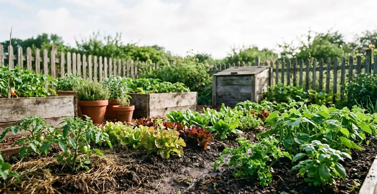 Potager productif avec légumes biologiques et compost naturel