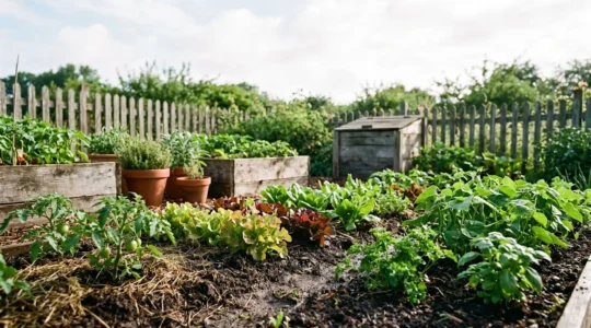 Potager productif avec légumes biologiques et compost naturel