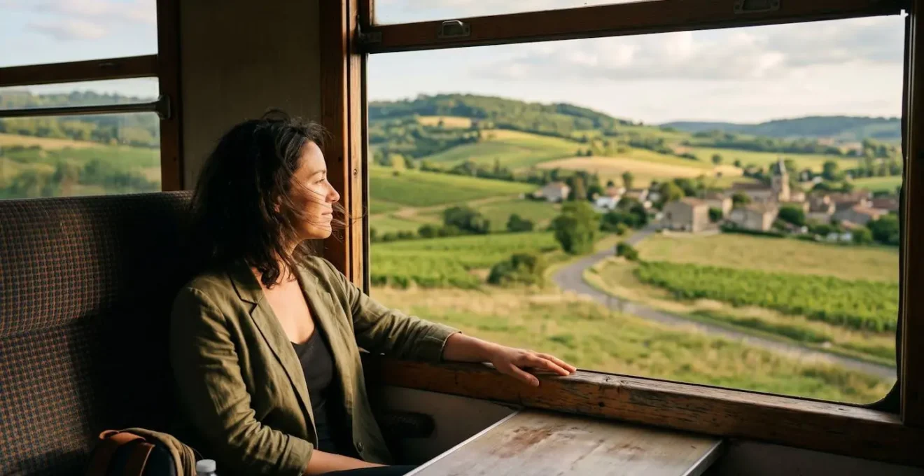 Voyageur contemplant un paysage rural français depuis la fenêtre ouverte d'un train régional en mouvement