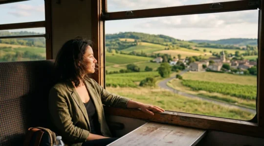 Voyageur contemplant un paysage rural français depuis la fenêtre ouverte d'un train régional en mouvement