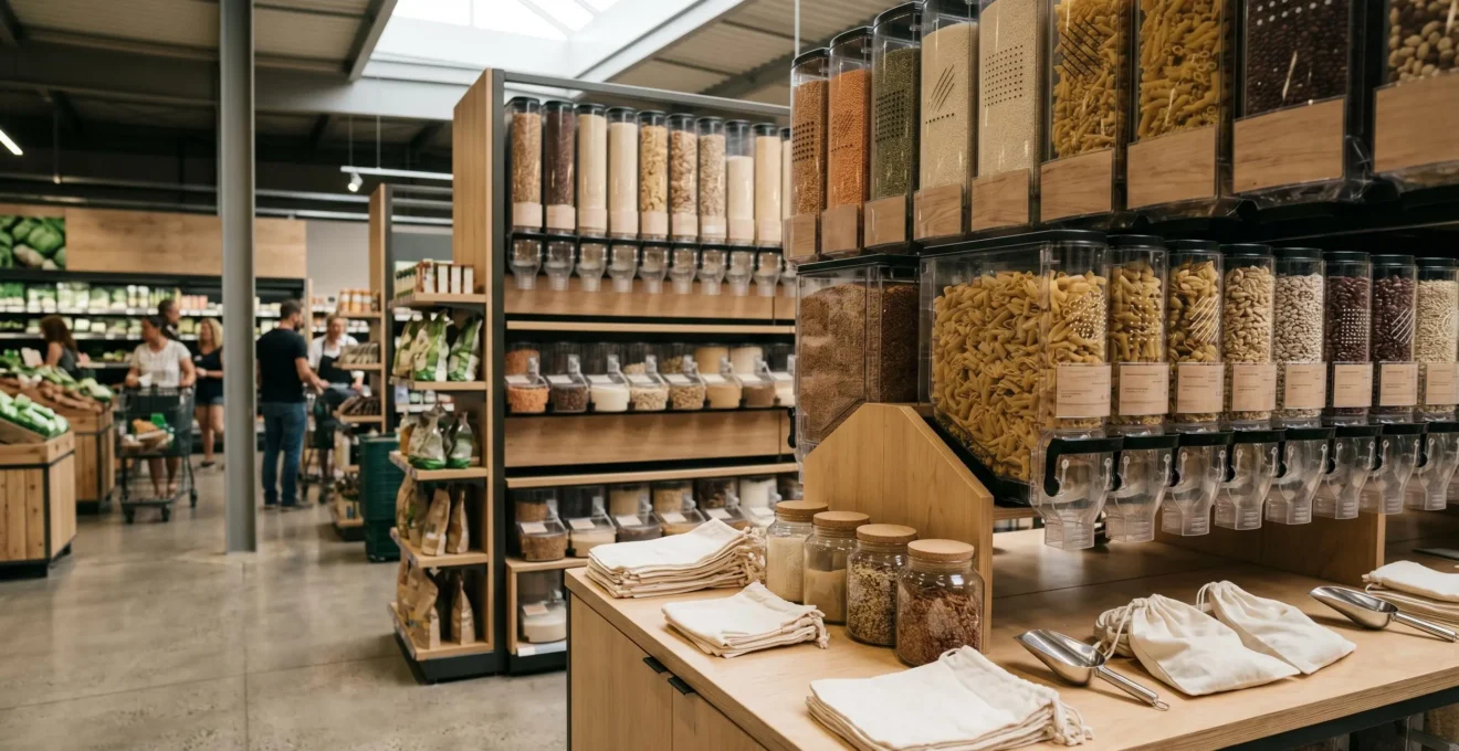 Scène réaliste de courses responsables au supermarché montrant des produits en vrac et des contenants réutilisables