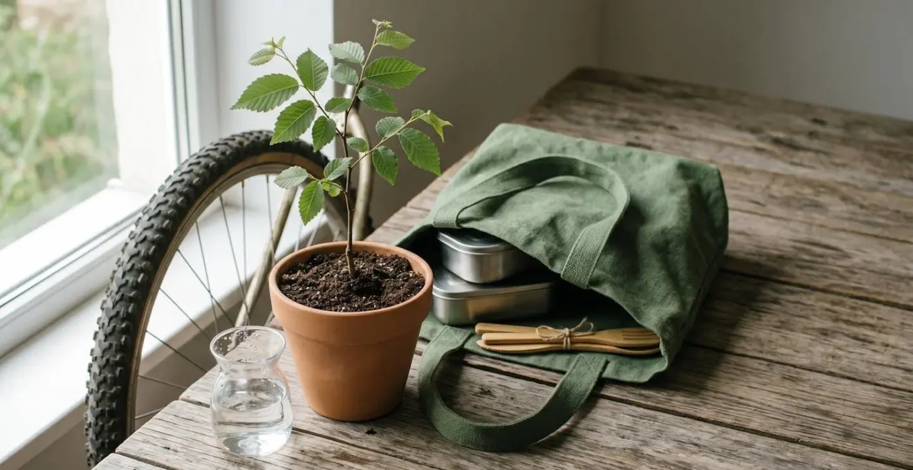 Composition symbolique montrant l'équilibre entre vie moderne et conscience environnementale dans un décor naturel épuré