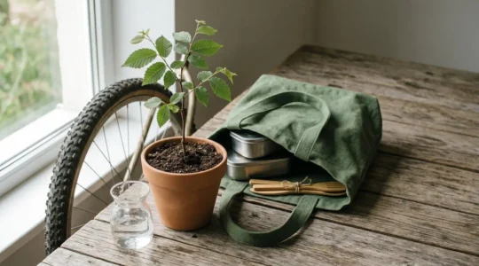 Composition symbolique montrant l'équilibre entre vie moderne et conscience environnementale dans un décor naturel épuré