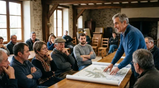 Rencontre publique entre porteurs de projet et habitants pour discuter d'un parc éolien