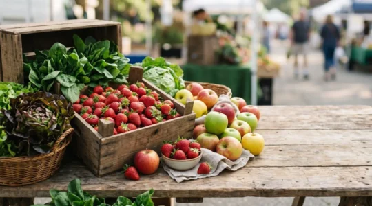 Composition éditoriale illustrant l'enjeu sanitaire des résidus de pesticides dans l'alimentation quotidienne