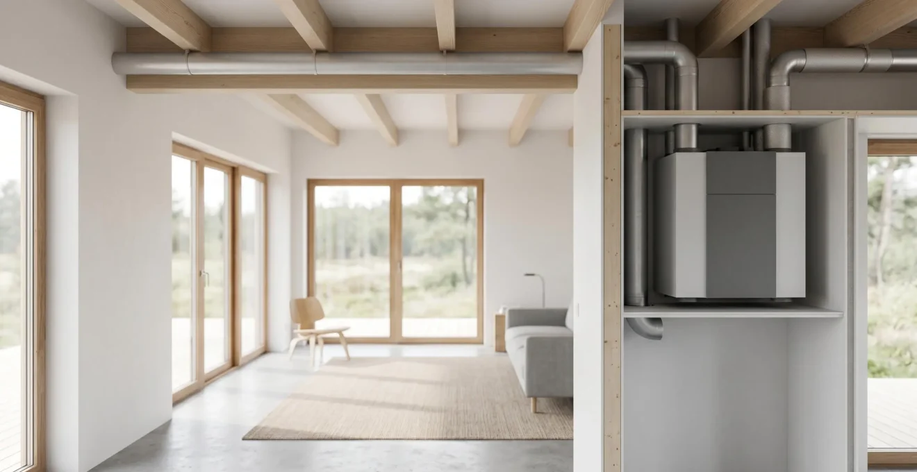 Installation moderne de ventilation double flux dans une maison en rénovation, montrant les gaines et l'échangeur thermique