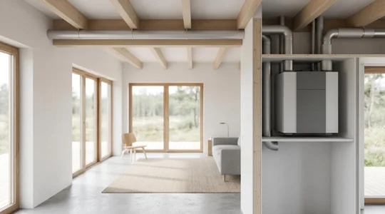 Installation moderne de ventilation double flux dans une maison en rénovation, montrant les gaines et l'échangeur thermique