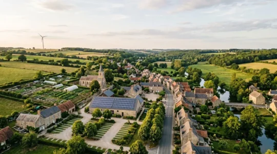 Vue aérienne d'une petite commune française avec panneaux solaires et espaces verts intégrés au patrimoine