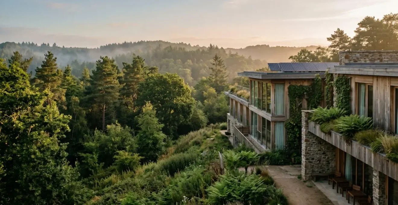 Hôtel de charme éco-responsable intégré dans un paysage naturel verdoyant avec architecture durable