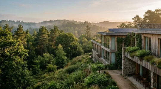 Hôtel de charme éco-responsable intégré dans un paysage naturel verdoyant avec architecture durable
