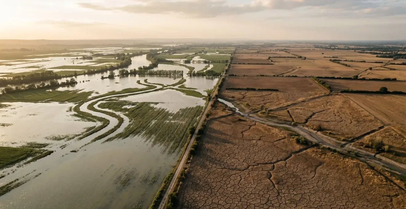 Vue aerienne dramatique montrant les consequences du changement climatique en France avec zones inondees et terres asseches