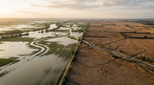 Vue aerienne dramatique montrant les consequences du changement climatique en France avec zones inondees et terres asseches