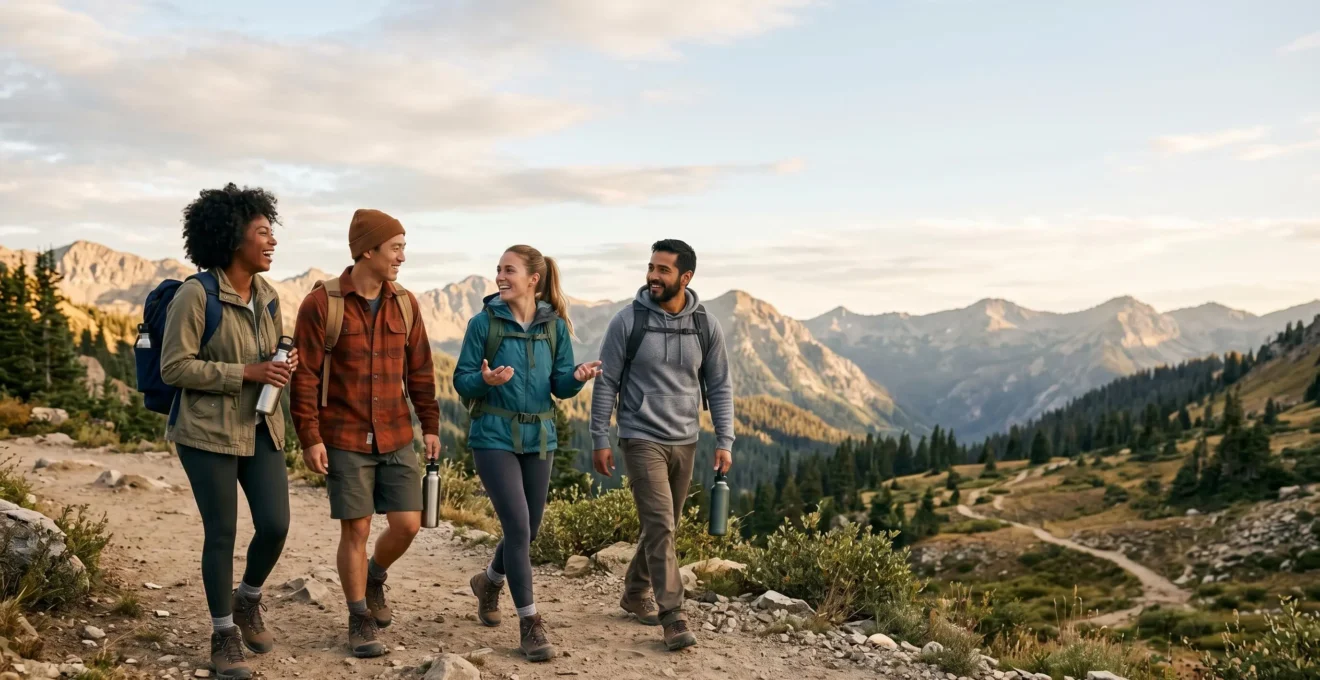 Groupe d'amis marchant ensemble sur un sentier naturel avec équipement de randonnée responsable