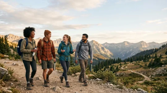 Groupe d'amis marchant ensemble sur un sentier naturel avec équipement de randonnée responsable